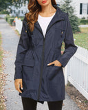 Solid Color Long Tunic Hooded Waterproof Windbreaker