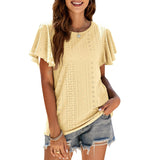 Women's Round Neck Flutter Ruffle Hollow Out Solid Short Sleeve T-Shirt