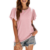 Women's Round Neck Flutter Ruffle Hollow Out Solid Short Sleeve T-Shirt