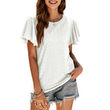 Women's Round Neck Flutter Ruffle Hollow Out Solid Short Sleeve T-Shirt