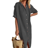 Women Cotton Casual Solid Midi Shirt Short Sleeve Dress