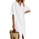 Women Cotton Casual Solid Midi Shirt Short Sleeve Dress