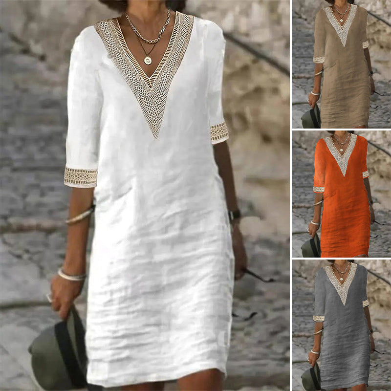 Women Cotton Linen Solid V Neck Patchwork Half Sleeve Shift Dress
