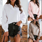 Women V Neck Lapel Lantern Sleeve Solid Color Blouse
