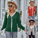 Solid Lace Trim Button Down V Neck Knit Top