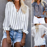 Women Striped Raglan Button Up V Neck Long Sleeve Blouse Shirt