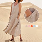 Women Casual Sleeveless Linen Sundress Pocket Beach Solid Color Long Dress