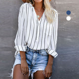 Women Striped Raglan Button Up V Neck Long Sleeve Blouse Shirt