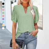 Women V-neck Hollow Out Solid Casual Short Sleeve T-shirt