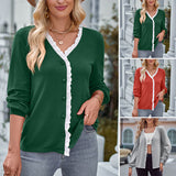 Solid Lace Trim Button Down V Neck Knit Top