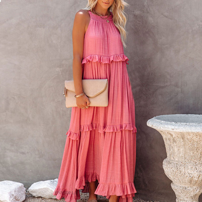 Womens Plain Loose Ruffle Halter Sleeveless Maxi Flowy Beach Dress Boh Shelia Womens Plain Loose Ruffle Halter Sleeveless Maxi Flowy Beach Dress Boh Shelia