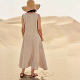 Women Casual Sleeveless Linen Sundress Pocket Beach Solid Color Long Dress