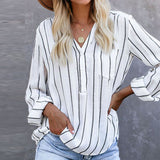 Women Striped Raglan Button Up V Neck Long Sleeve Blouse Shirt