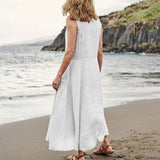 Women Casual Sleeveless Linen Sundress Pocket Beach Solid Color Long Dress