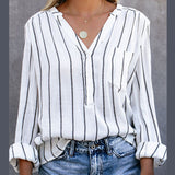 Women Striped Raglan Button Up V Neck Long Sleeve Blouse Shirt