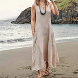 Women Casual Sleeveless Linen Sundress Pocket Beach Solid Color Long Dress