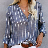 Women Striped Raglan Button Up V Neck Long Sleeve Blouse Shirt