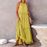 Womens Plain Loose Ruffle Halter Sleeveless Maxi Flowy Beach Dress Boho Smocked Sundress