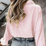 Women V Neck Lapel Lantern Sleeve Solid Color Blouse