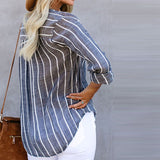 Women Striped Raglan Button Up V Neck Long Sleeve Blouse Shirt