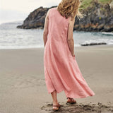 Women Casual Sleeveless Linen Sundress Pocket Beach Solid Color Long Dress