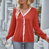 Solid Lace Trim Button Down V Neck Knit Top