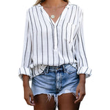 Women Striped Raglan Button Up V Neck Long Sleeve Blouse Shirt