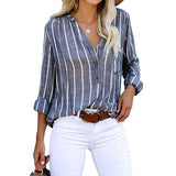 Women Striped Raglan Button Up V Neck Long Sleeve Blouse Shirt