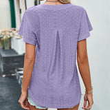 Women's V Neck Flutter Ruffle Hollow Out Solid Short Sleeve T-Shirt