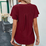 Women's V Neck Flutter Ruffle Hollow Out Solid Short Sleeve T-Shirt