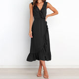 Women Solid Sleeveless Ruched Frill Ruffles Maxi V-Neck Dress