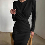 Women's Waist Wrap Hip Bodycon Long Sleeve Plain Midi Dress Crew Neck