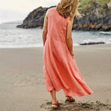 Women Casual Sleeveless Linen Sundress Pocket Beach Solid Color Long Dress