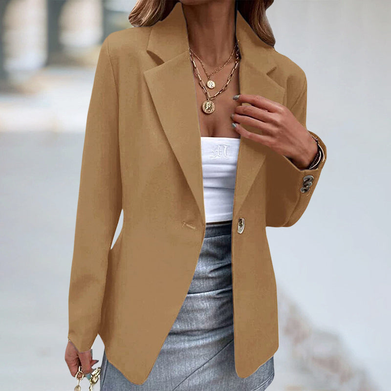 Women's Lapel Collar Long Sleeves One Button Slim Solid Blazer