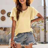 Women's Round Neck Flutter Ruffle Hollow Out Solid Short Sleeve T-Shirt