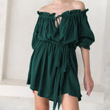 Women Off Shoulder Solid Ruffle Mini Belted Dress