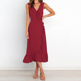 Women Solid Sleeveless Ruched Frill Ruffles Maxi V-Neck Dress