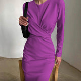 Women's Waist Wrap Hip Bodycon Long Sleeve Plain Midi Dress Crew Neck