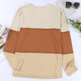 Women Striped Earth Tone Color Block Button Up V Neck Long Sleeve Henley Shirt Top