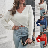 Women Cross Wrap Front V Neck Long Sleeve Sweaters