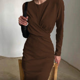 Women's Waist Wrap Hip Bodycon Long Sleeve Plain Midi Dress Crew Neck
