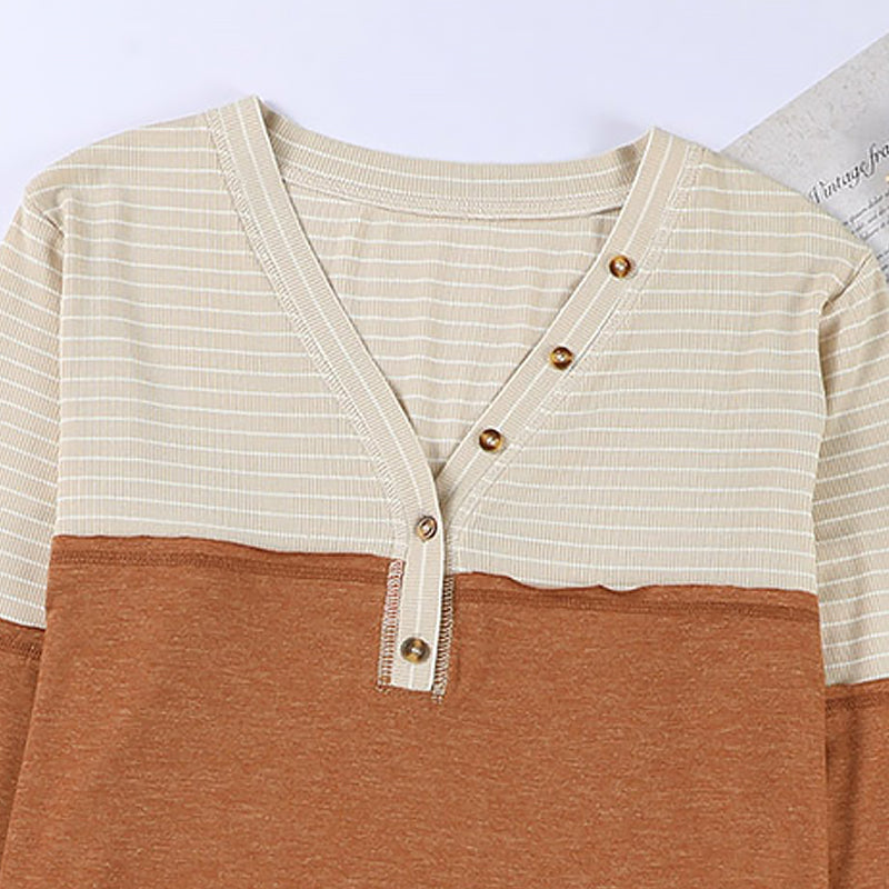 Women Striped Earth Tone Color Block Button Up V Neck Long Sleeve Henley Shirt Top