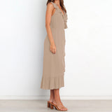 Women Solid Sleeveless Ruched Frill Ruffles Maxi V-Neck Dress