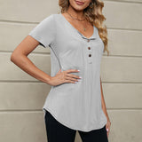 Women's Button Pleated Round Neck Short Sleeve Curved Hem Plain Henley Shirt Tunic Top