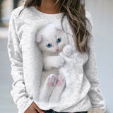 Women Crew Neck White Cat Print Sweatshirt