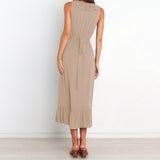 Women Solid Sleeveless Ruched Frill Ruffles Maxi V-Neck Dress