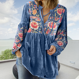 Women's V Neck Tie Front Gathered Floral Long Sleeve Velvet Tunic Blouse