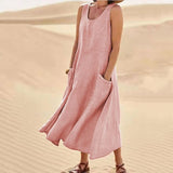 Women Casual Sleeveless Linen Sundress Pocket Beach Solid Color Long Dress