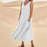 Women Casual Sleeveless Linen Sundress Pocket Beach Solid Color Long Dress