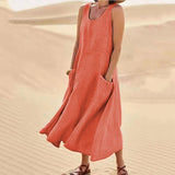 Women Casual Sleeveless Linen Sundress Pocket Beach Solid Color Long Dress